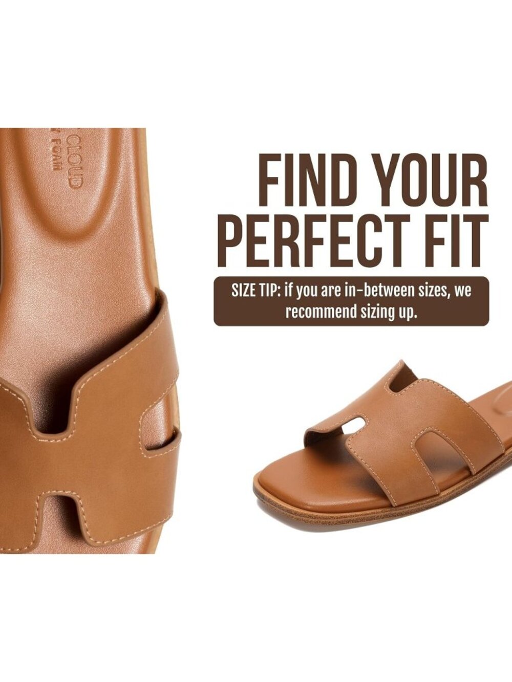 Women's Cognac Genuine Leather Fashion Flats Memory Foam Insole Slides Sandals - Picture 5 of 6